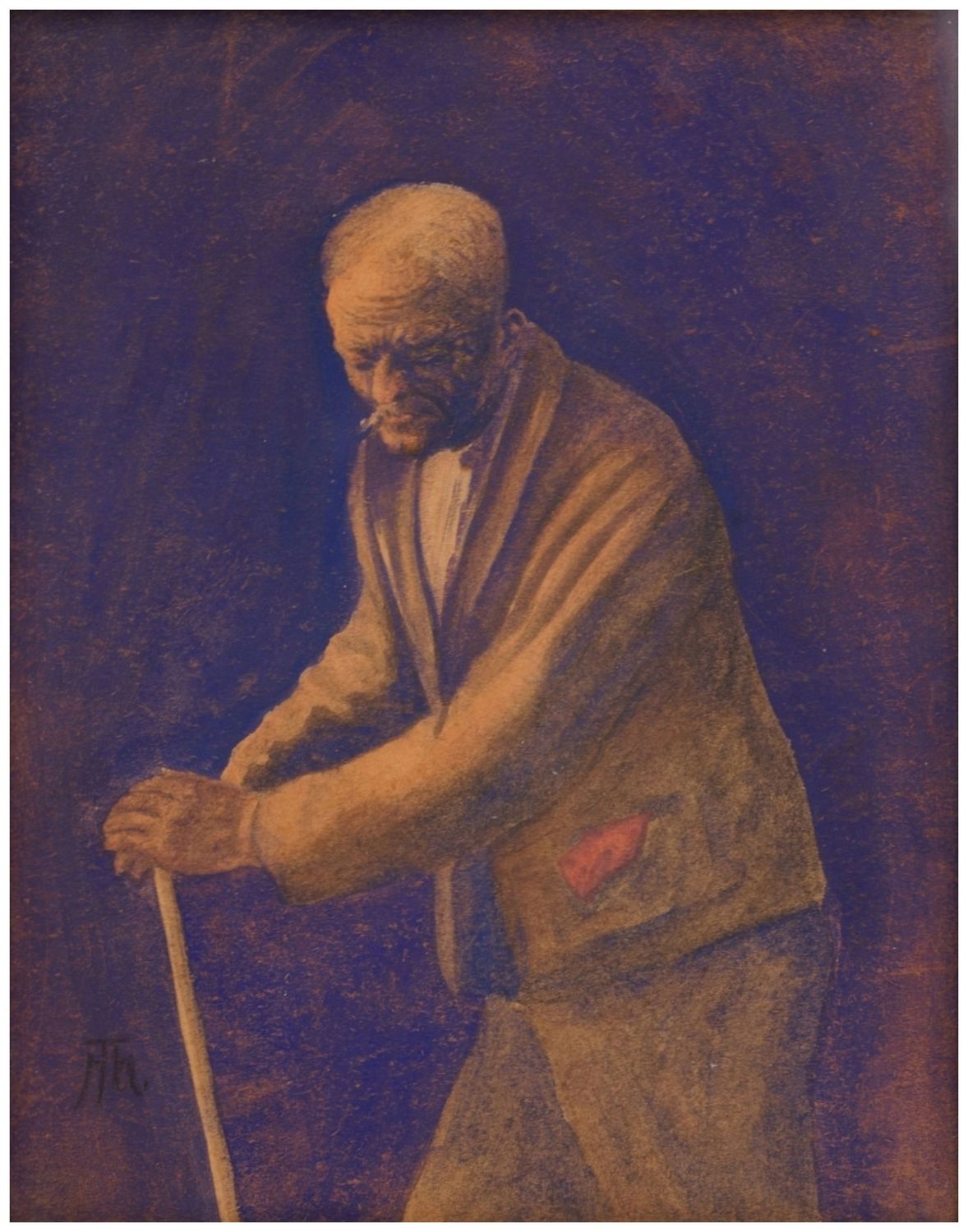 Thoma, Hans (1839-1924), Stooped Old Man with Walking Stick and Cigarette, circa 1910