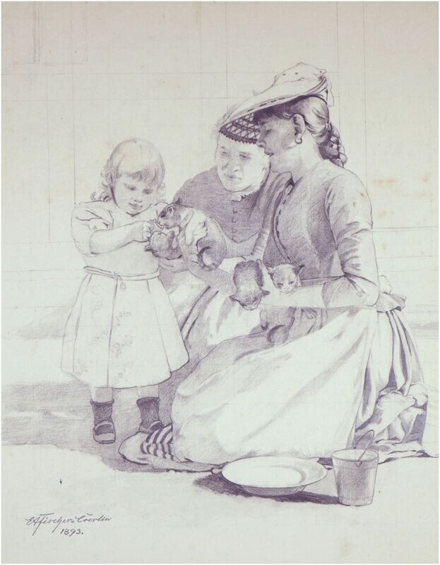 Fischer-Cörlin, Ernst Albert (1853-1932). Feeding the Kittens, 1893