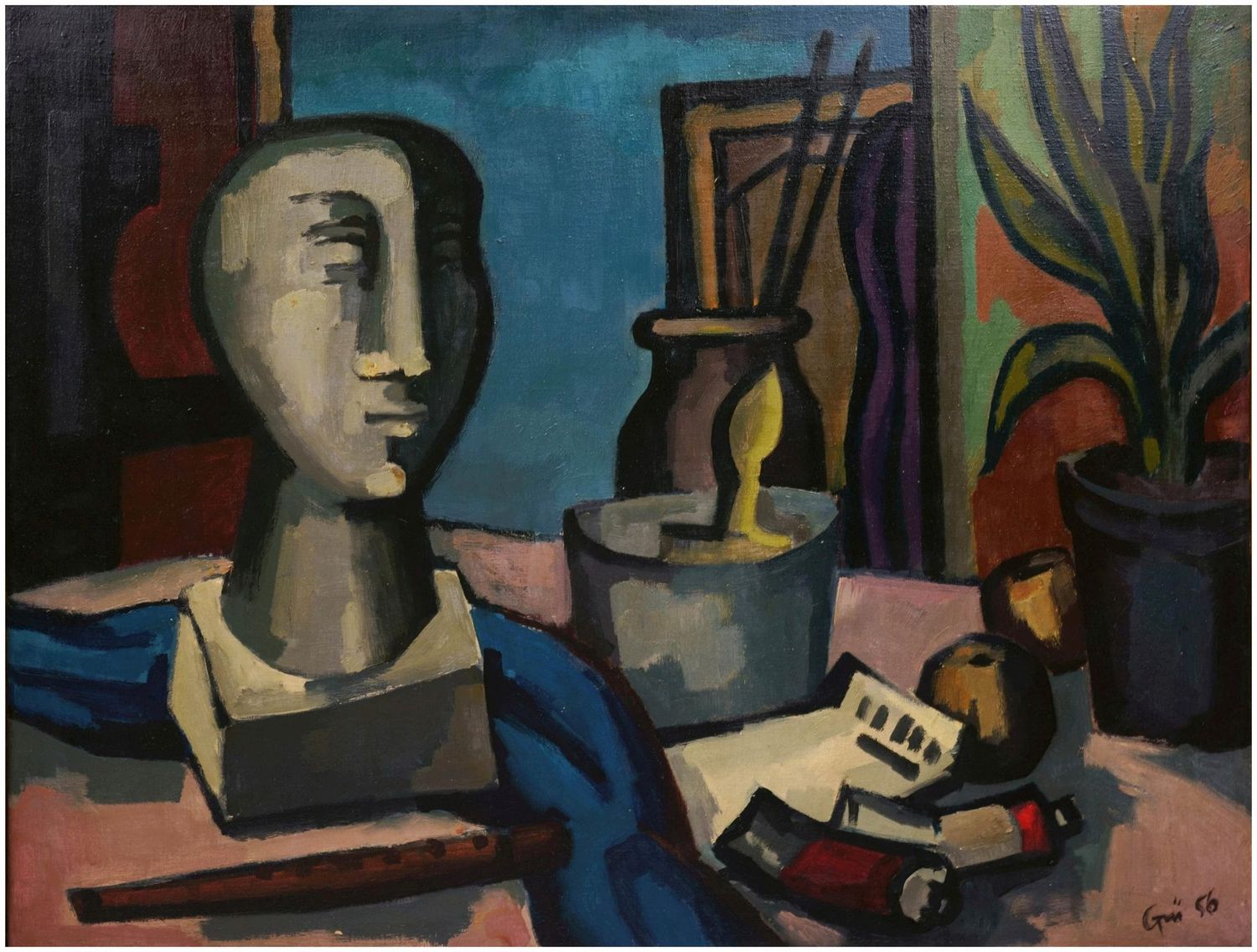 Ev Grüger (1928–2017), Still Life with Sculpture, Flute, and Painting Supplies, 1956 Ev Grüger (1928–2017), Still Life with Sculpture, Flute, and Painting Supplies, 1956