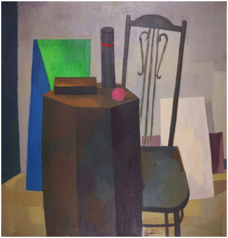 Ev Grüger (1928–2017), ), Interior with Chair and Geometric Figures, c. 1958