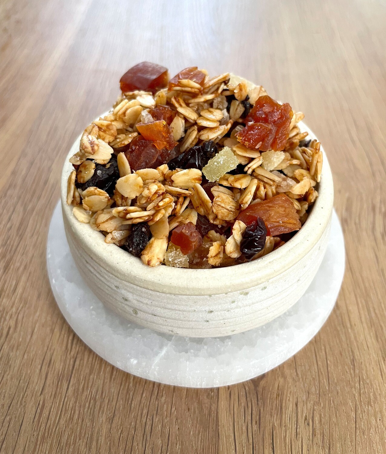 Granola with dried tart cherries, dried apricots, and candied ginger
