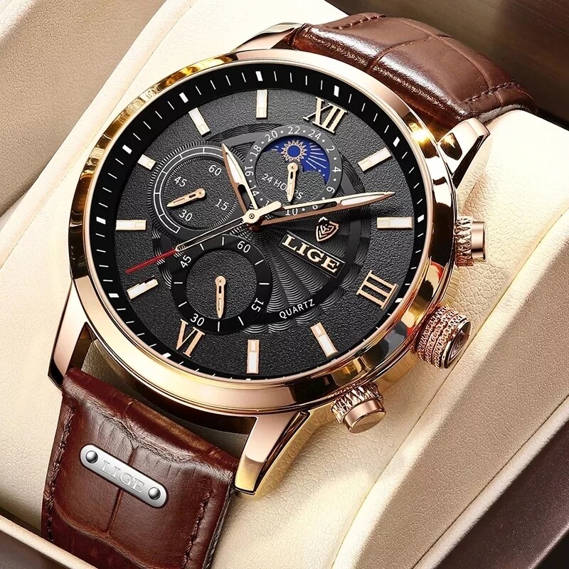2022 Lige Luxury Leather Quartz Watch