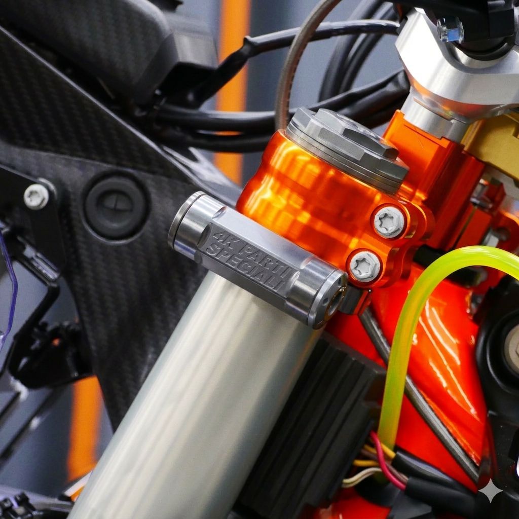 Smorzatore di sterzo inerziale 4K montato sulla forcella di una moto enduro