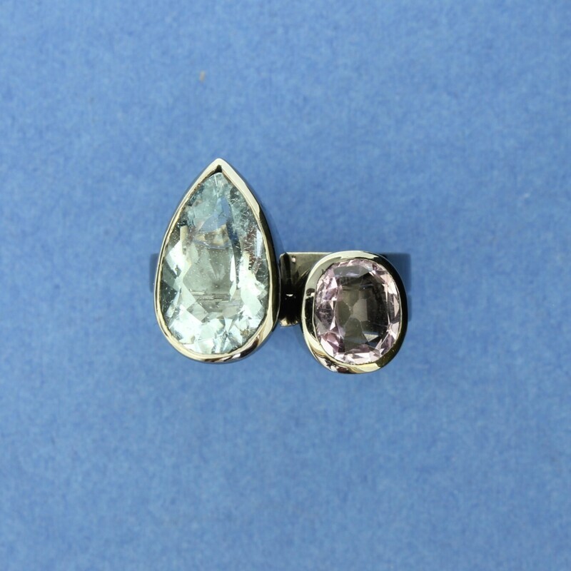 Palladium Blue Topaz &amp; Tourmaline Stacking ring pair