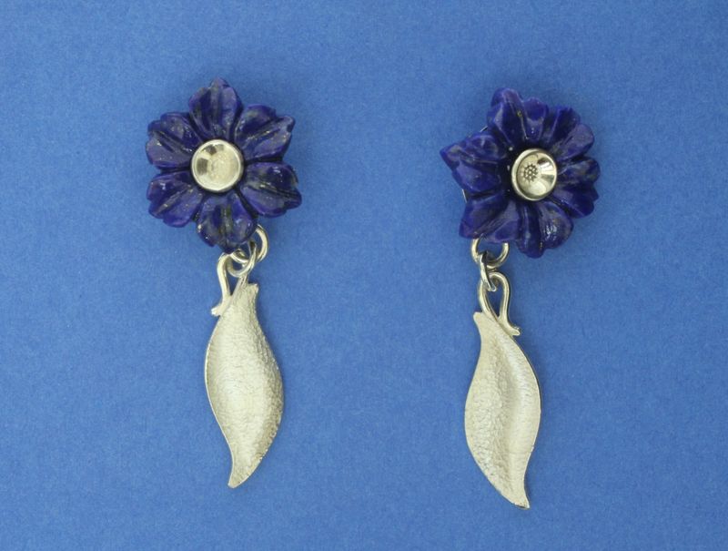 Lapis Lazuli flower Silver earring repousse leaf link