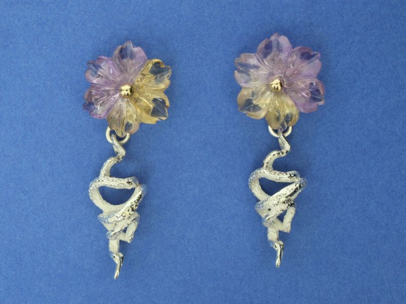 Ametrine Flower Earrings with Silver Spial Cage drops