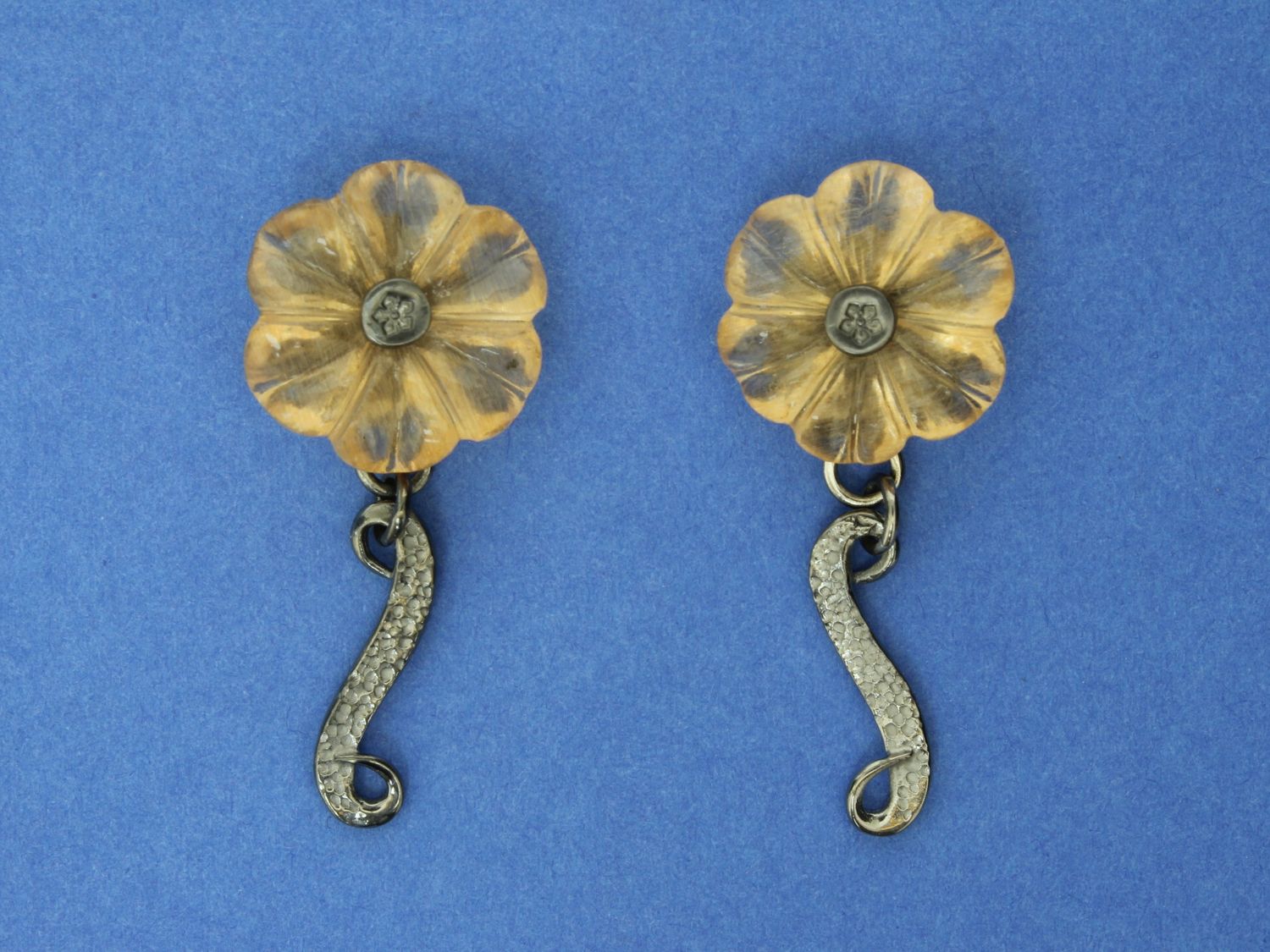 Peach Moonstone Flowers on Black Silver earrings