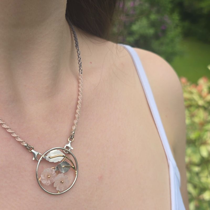 &#39;Cherry Blossom&#39; rose quartz, palladium &amp; 18ct gold pendant