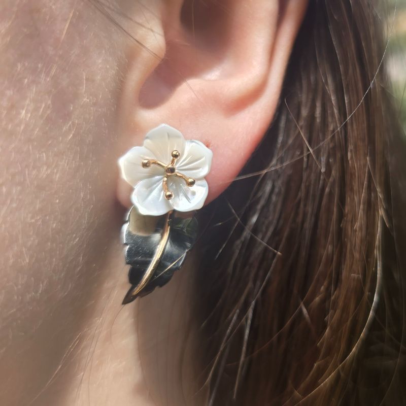 &#39;Cherry Blossom&#39; Black Silver, mother of pearl &amp; 18ct gold earrings