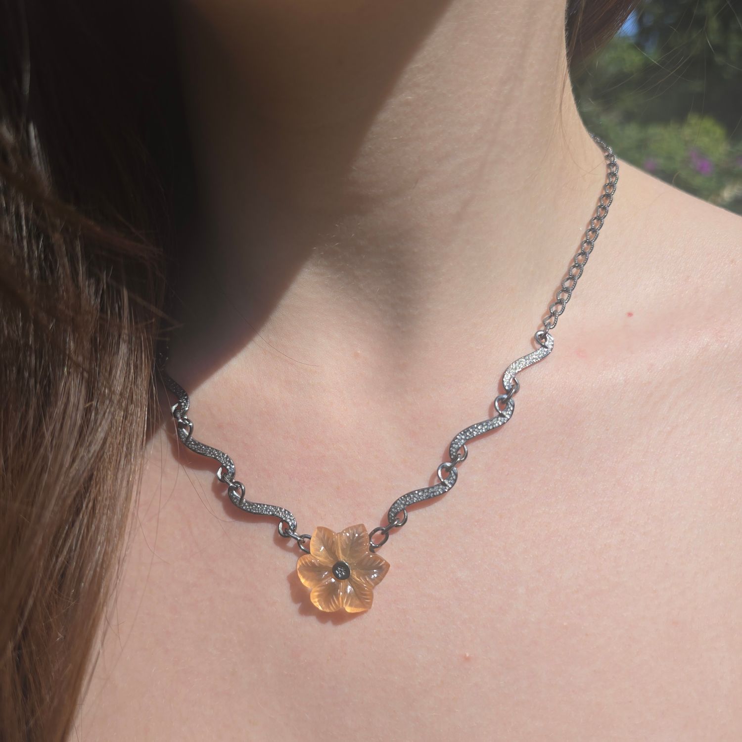 Peach Moonstone Black Silver Necklace