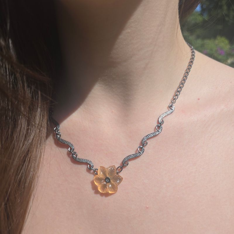 Peach Moonstone Black Silver Necklace