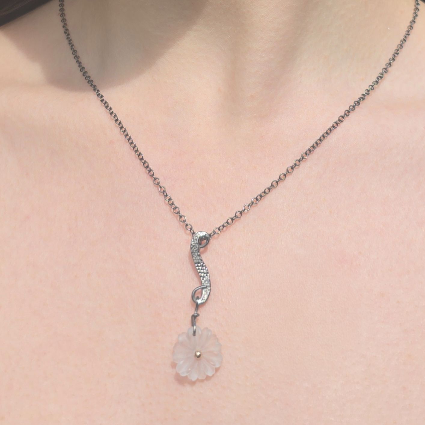 Rock Crystal Flower Black silver pendant