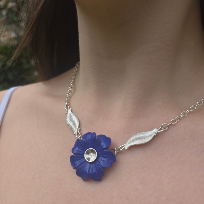 Lapis Lazuli flower Silver Necklace with repousse leaves