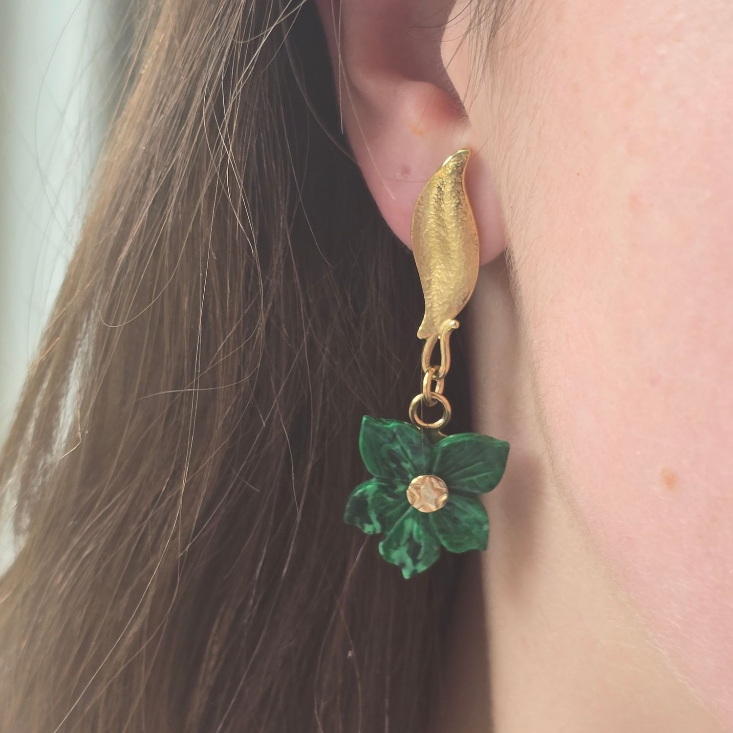 Malachite Flower Silver Gold plated Earrings