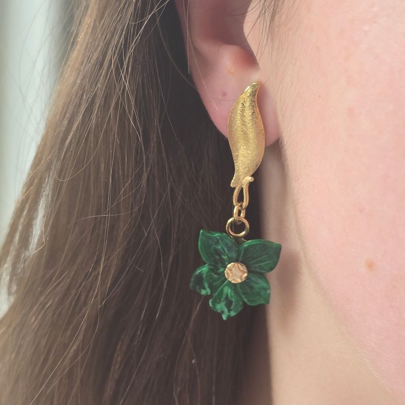 Malachite Flower Silver Gold plated Earrings
