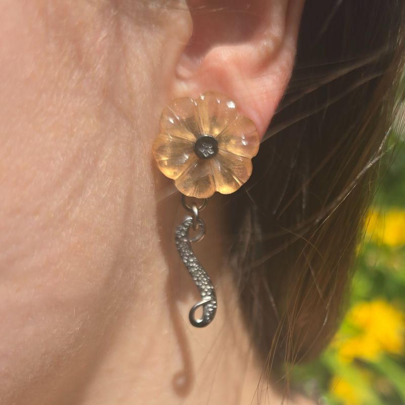 Peach Moonstone Flowers on Black Silver earrings
