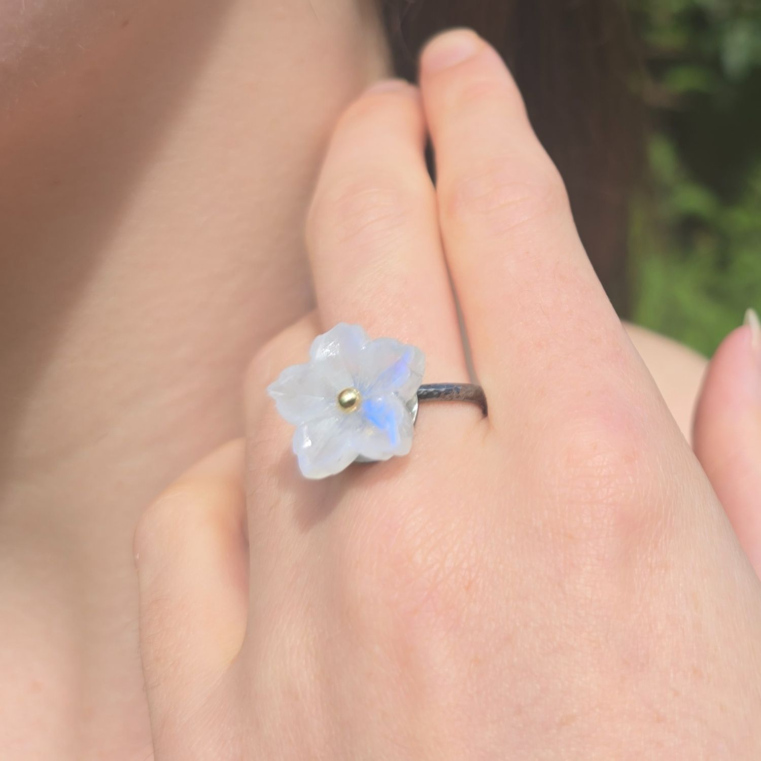 Moonstone Flower Ring Black Silver