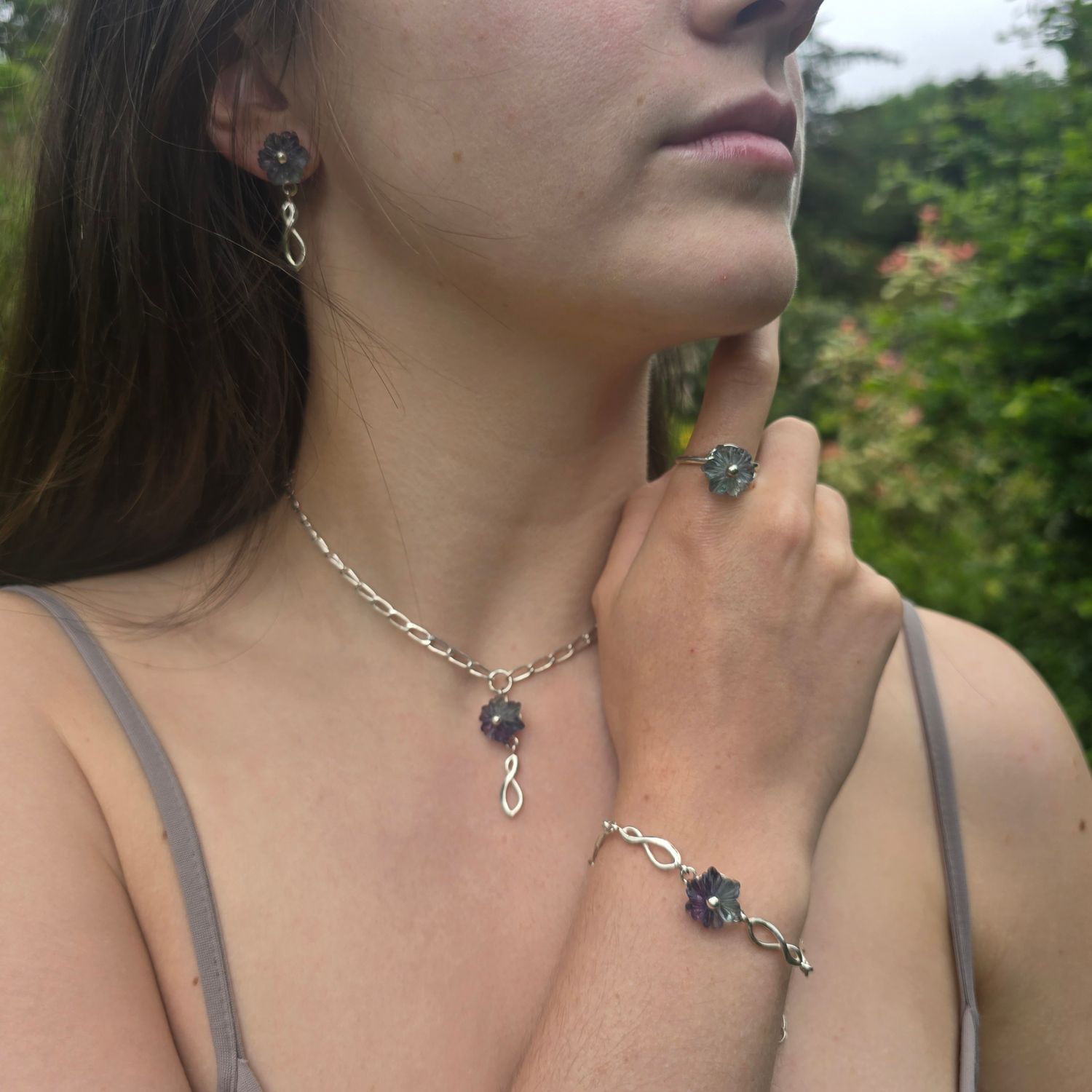 Fluorite Flower Silver Figure of Eight Set