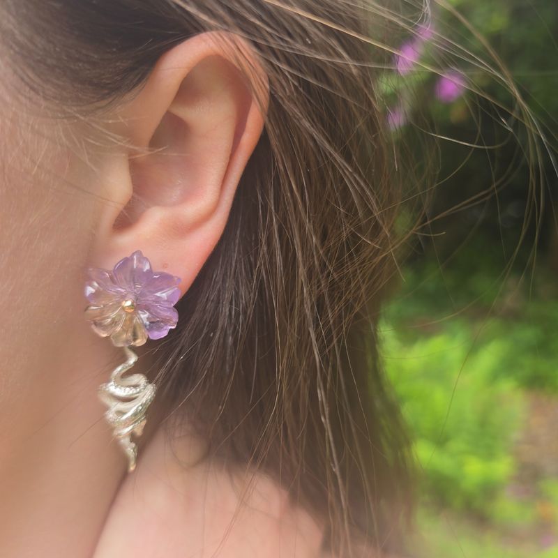 Ametrine Flower Earrings with Silver Spial Cage drops