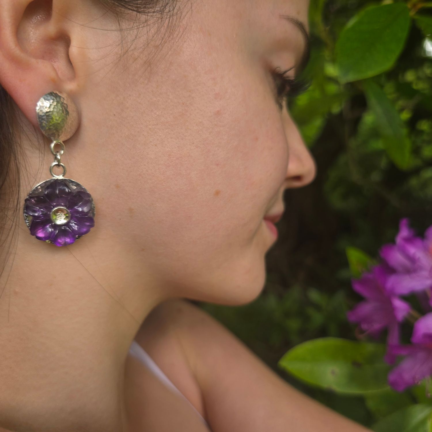 Amethyst flower  silver eardrops