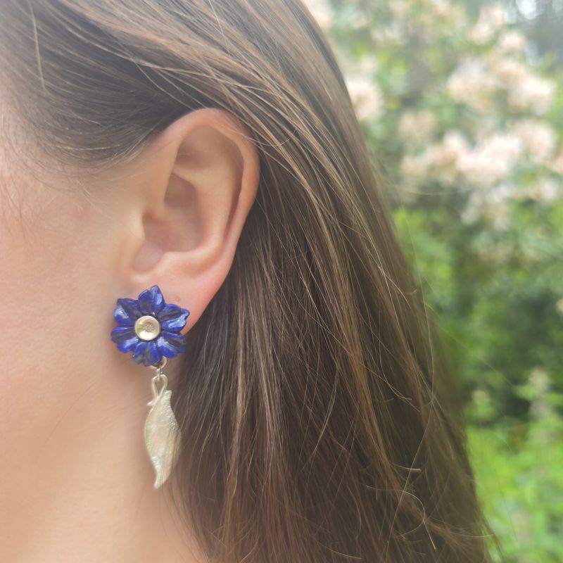 Lapis Lazuli flower Silver earring repousse leaf link