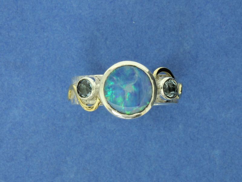 Large size Silver Ring with 18ct gold, Opal doublet &amp; Blue Topaz