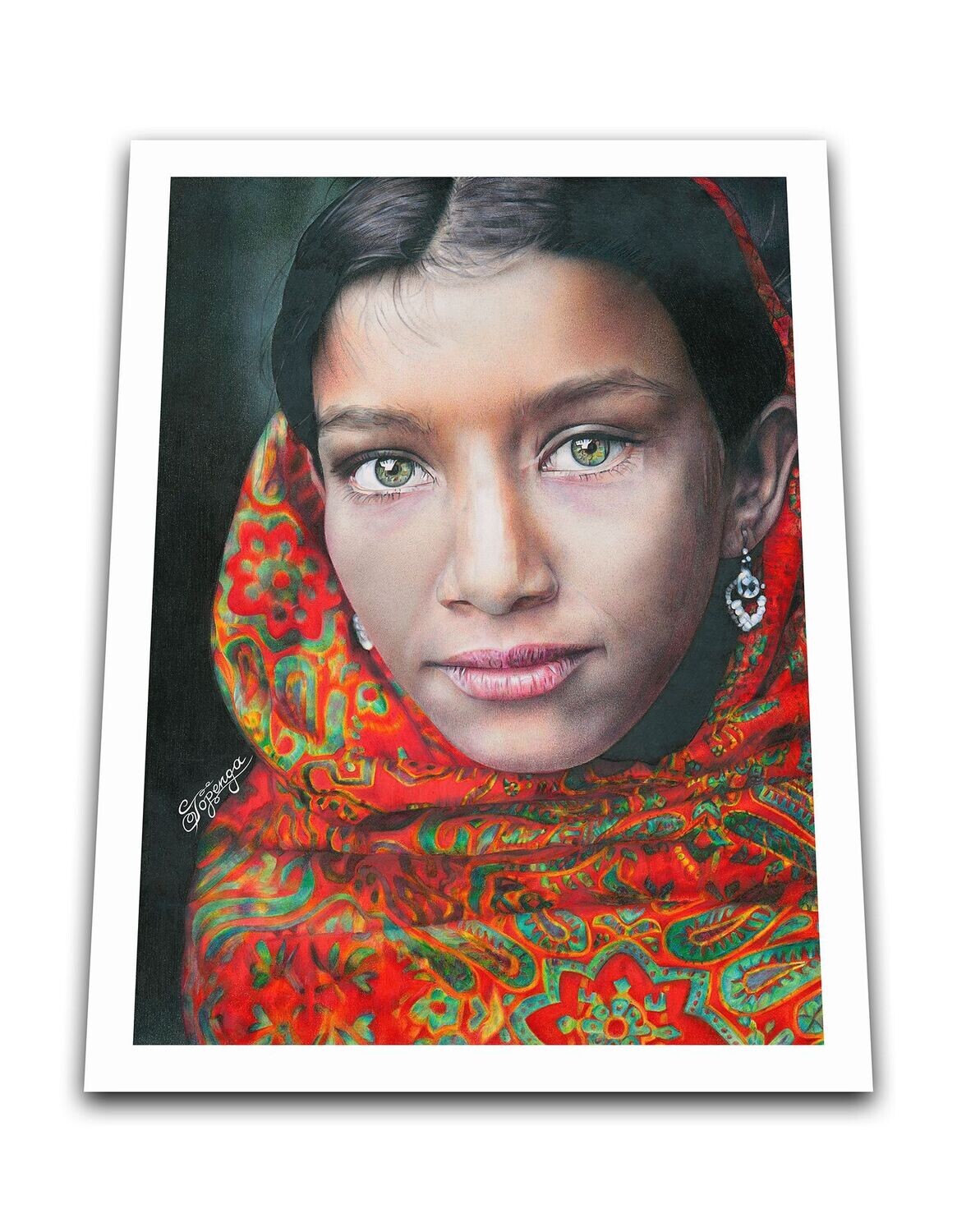 Girl with Green Eyes and Red Headscarf - Giclée-Kunstdruck inkl. Passepartout 100% alpha-Zellulose