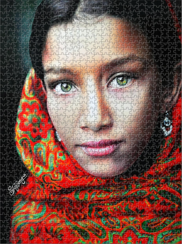 Girl with Green Eyes and Red Headscarf - 1.000 Teile Fotopuzzle in Premium-Qualität