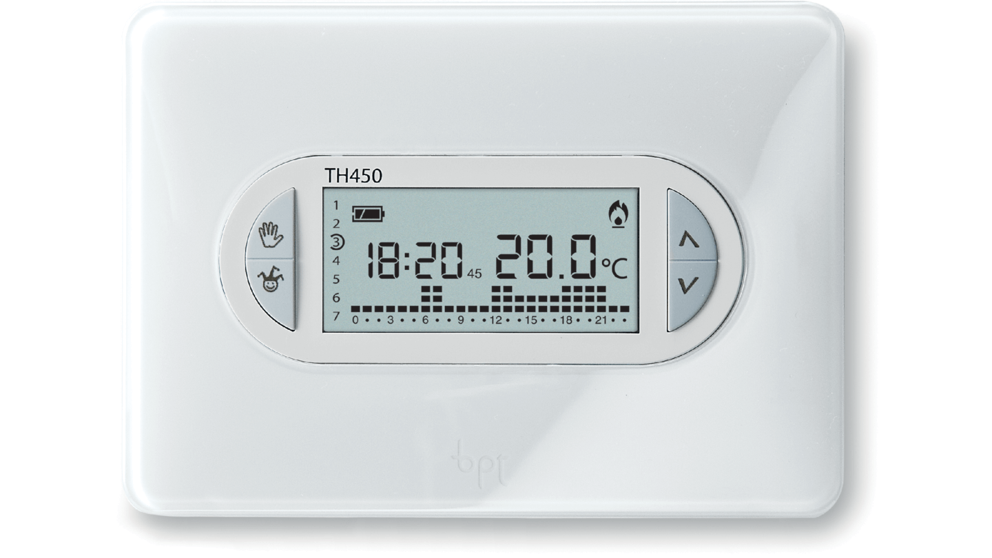TH/450 69409200  Cronotermostato digitale settimanale, corpo colore bianco, cover intercambiabili bianco ice e azzurro kristal