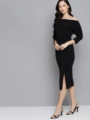 Black Belted Drop Shoulder Midi Dress