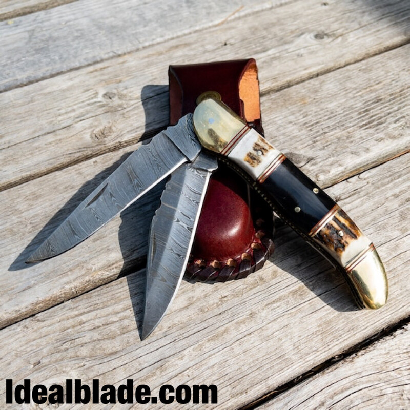 Damascus Steel 2 Blades Folding Knife