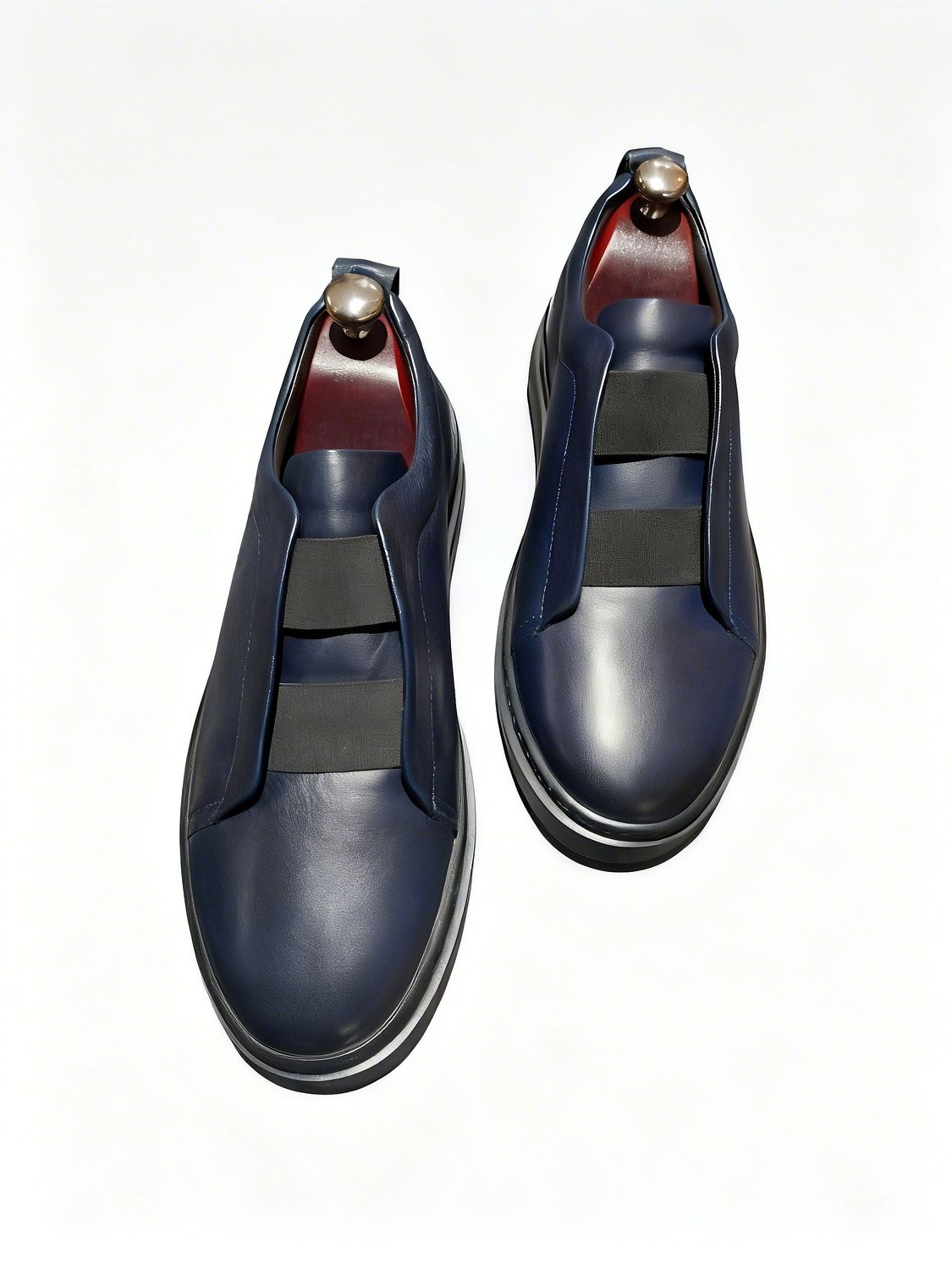 NAVY BLUE GENUINE LEATHER MEN CASUAL FRONT ELASTIC