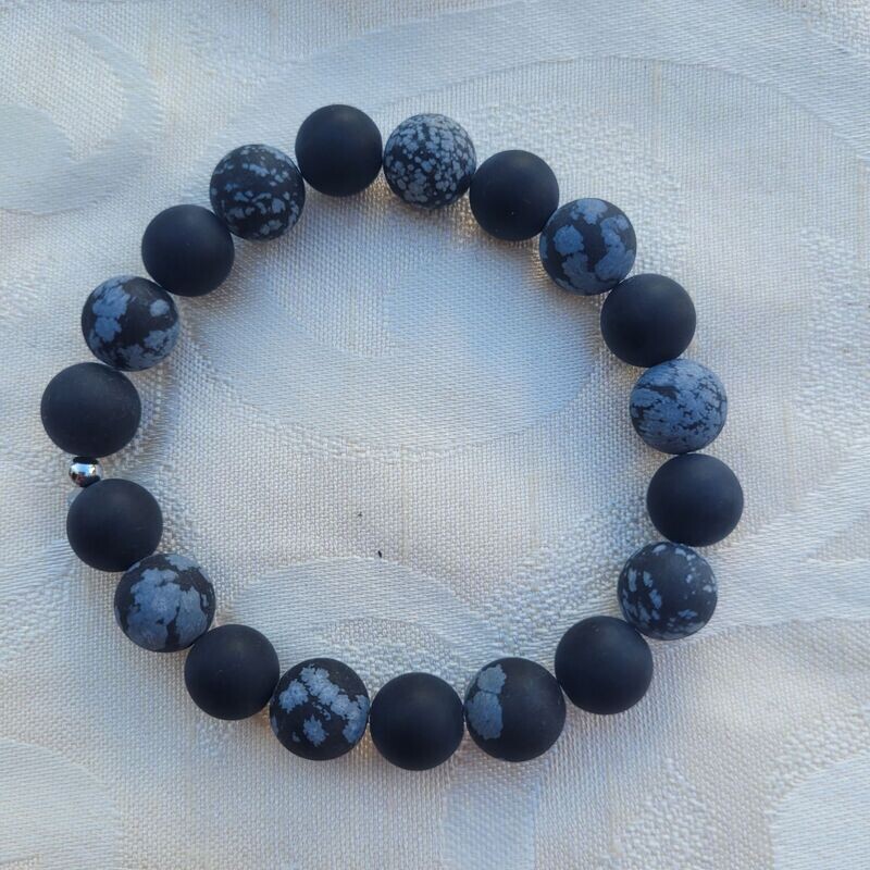 Schneeflocken Obsidian/Onyx matt Armband - 10 mm