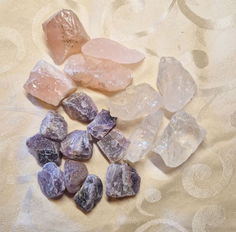 Wassersteine Grundmischung - Das goldene Dreieck - Rosenquarz, Amethyst und Bergkristall - 300 gr