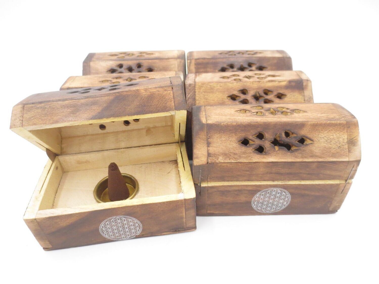 Räucherkegelhalter - Blume des Lebens - Antikes Holz