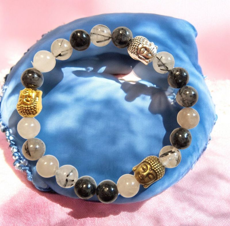 ​​Armband - Bergkristall/Turmalin - A Qualität - mit 3 Buddha's - 8 mm