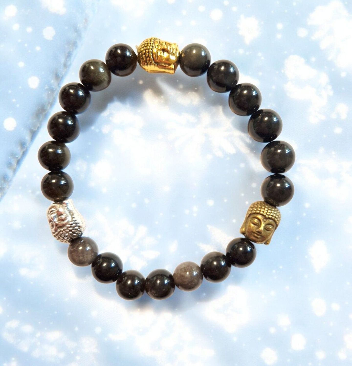 Armband - Obsidian Silber, Gold und Himmelsauge - AA Qualität - mit 3 Buddha's - 8 mm Armband - Obsidian Silber, Gold und Himmelsauge - AA Qualität - mit 3 Buddha's - 8 mm