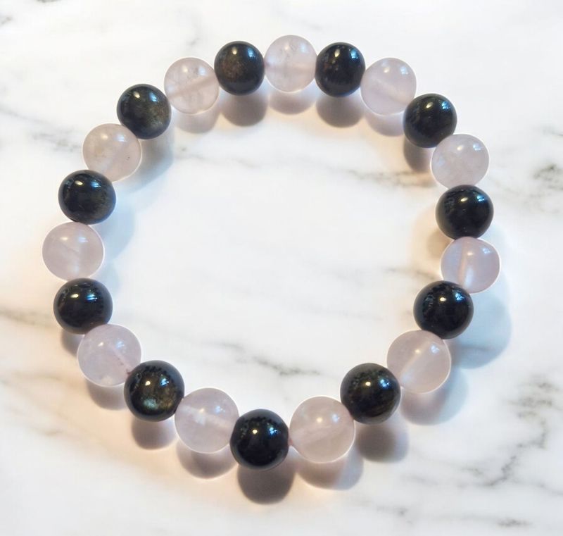 Armband - Obsidian Gold & Rosenquarz - AA Qualität - 8 mm