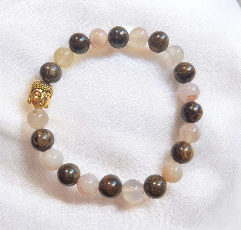 ​​Armband - Kirschblütenachat & Bronzit - A Qualität - mit Buddha - 8 mm