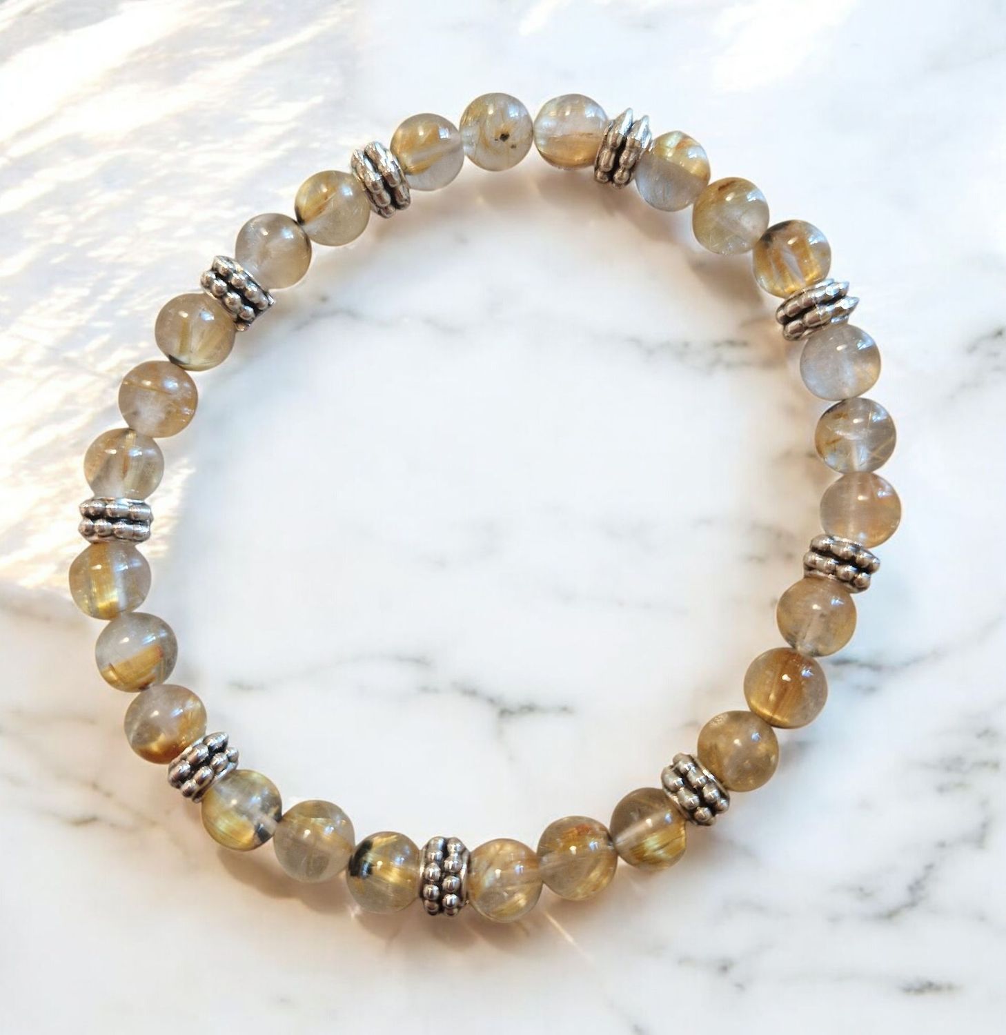 Armband - Berkristall/Rutil/Hämatit - AA Qualität - mit silberfarbenen Metallelementen