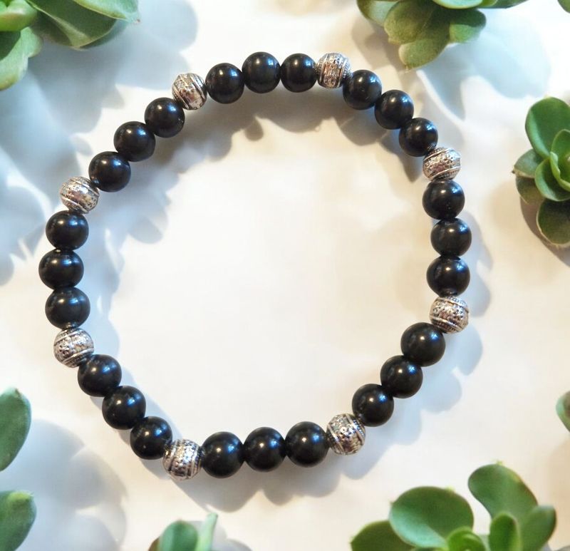 ​​Armband - Obsidian Himmelsauge - A Qualität - mit silberfarbenen Metallelementen