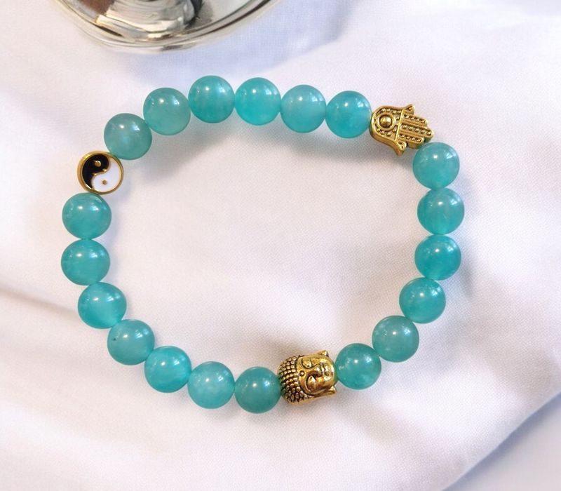 Armband - Amazonit - AAA Qualität - mit 3 goldfarbenen Metallelementen - 8 mm