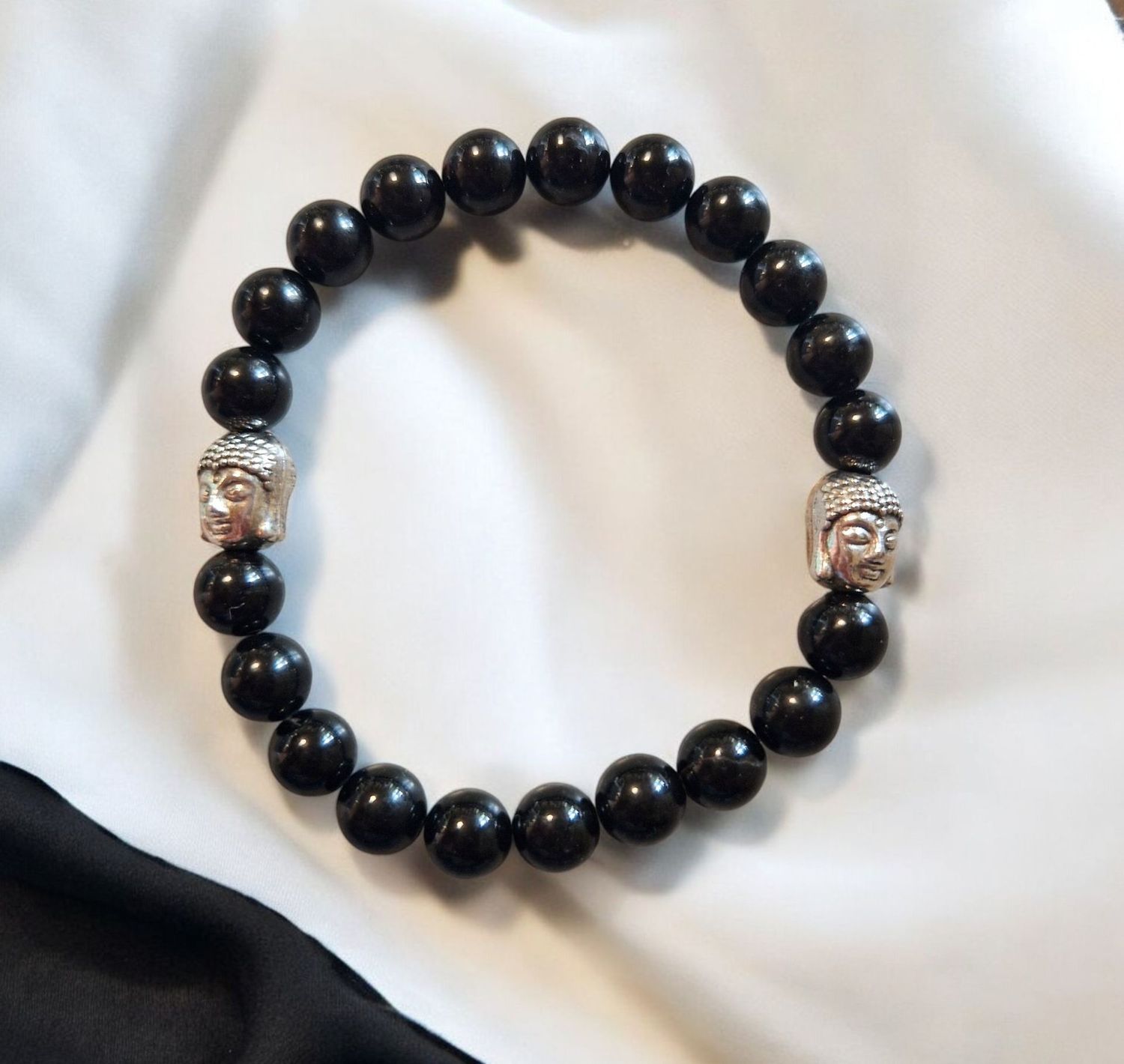 Armband - Turmalin - A Qualität - mit silberfarbenen Buddhas - 8 mm Armband - Turmalin - A Qualität - mit silberfarbenen Buddhas - 8 mm