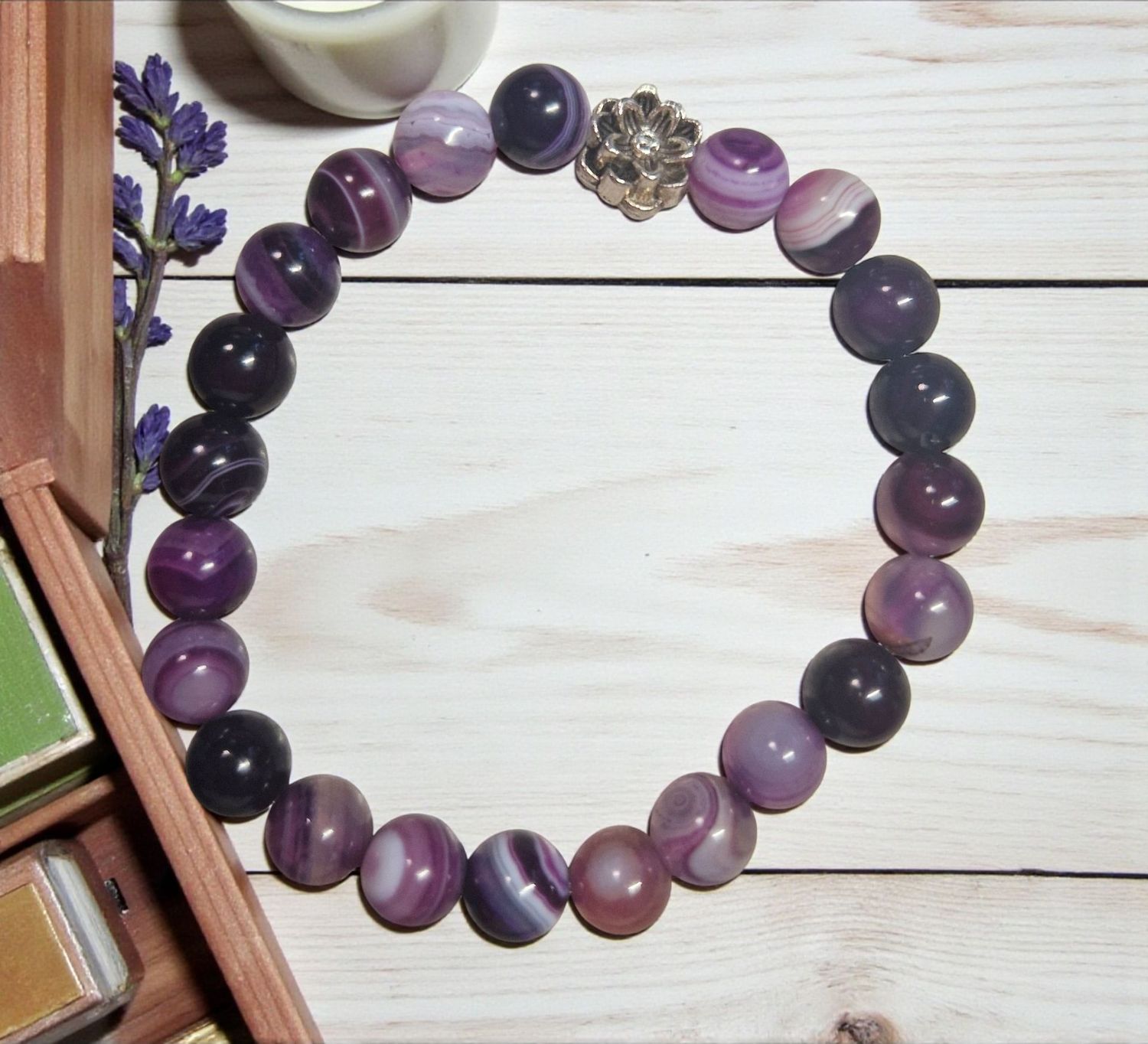 ​Armband - Streifenachat - A-Qualität - mit Lotusblume - 8 mm