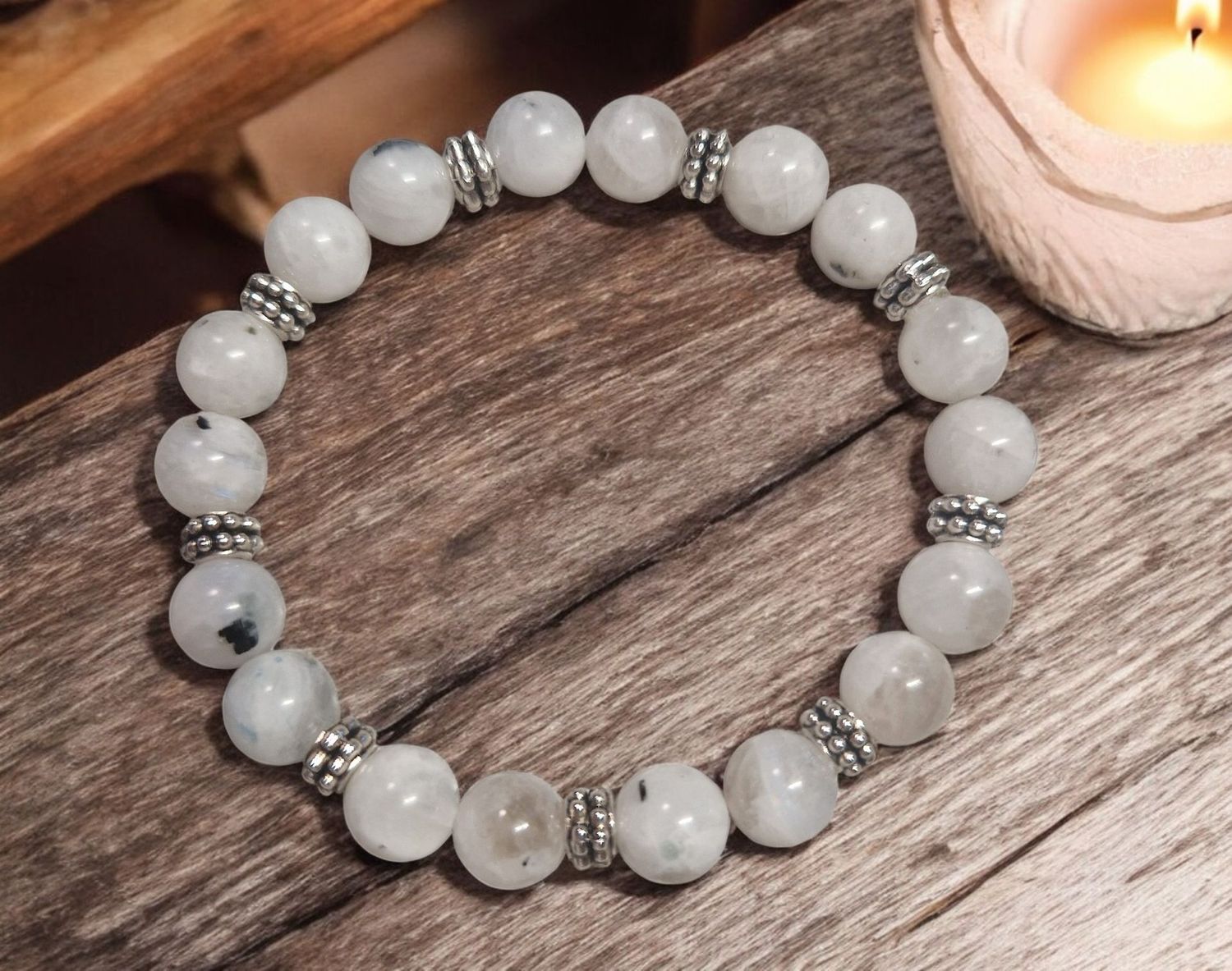 Armband - Regenbogenmondstein - mit Metallelementen - 8 mm