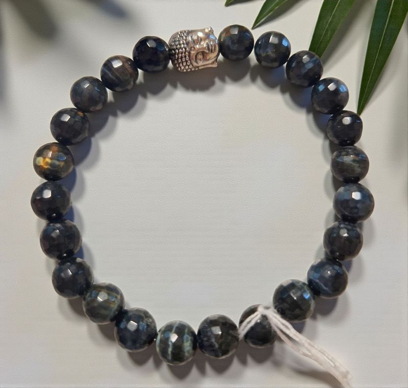 Armband - blaues Tigerauge facetiert - Buddha - 8 mm
