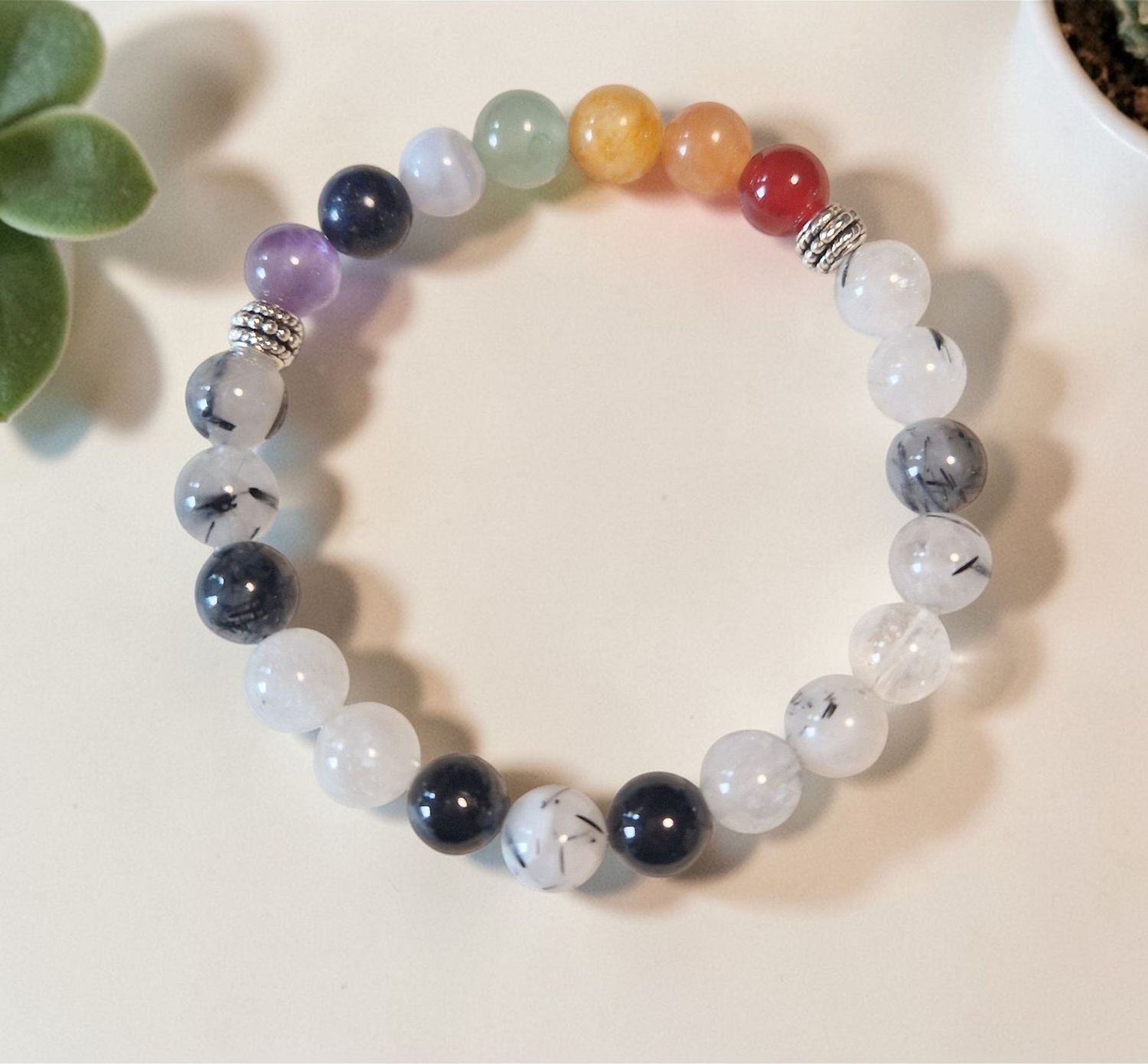 ​Chakra ​Armband -Turmalin Quarz - A Qualität silberfarbene Metallelemente - 8 mm