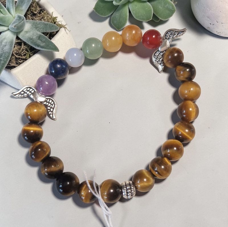 Chakra ​Armband -Tigerauge in AA Qualität -  silberfarbene Engelflügel - 8 mm