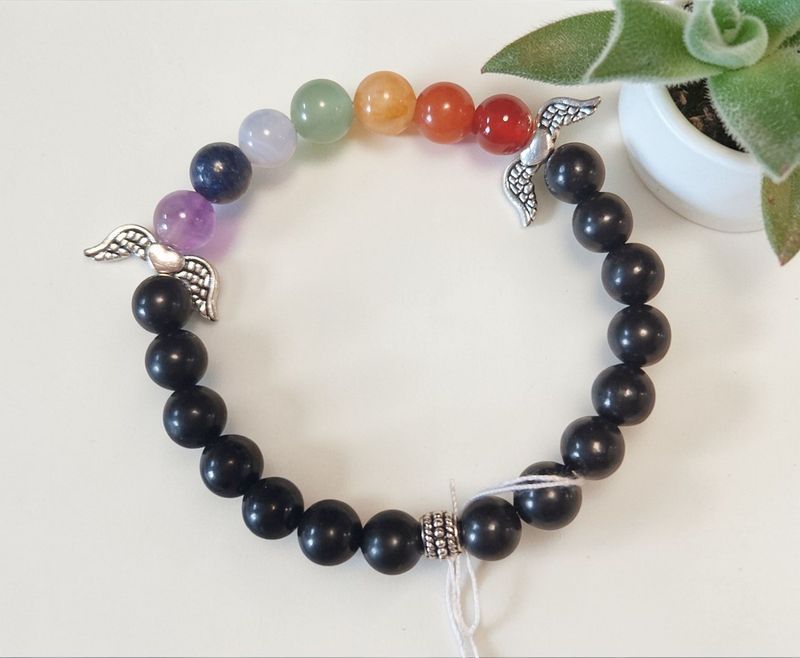 Chakra ​Armband - Shungit in A Qualität -  silberfarbene Engelflügel - 8 mm