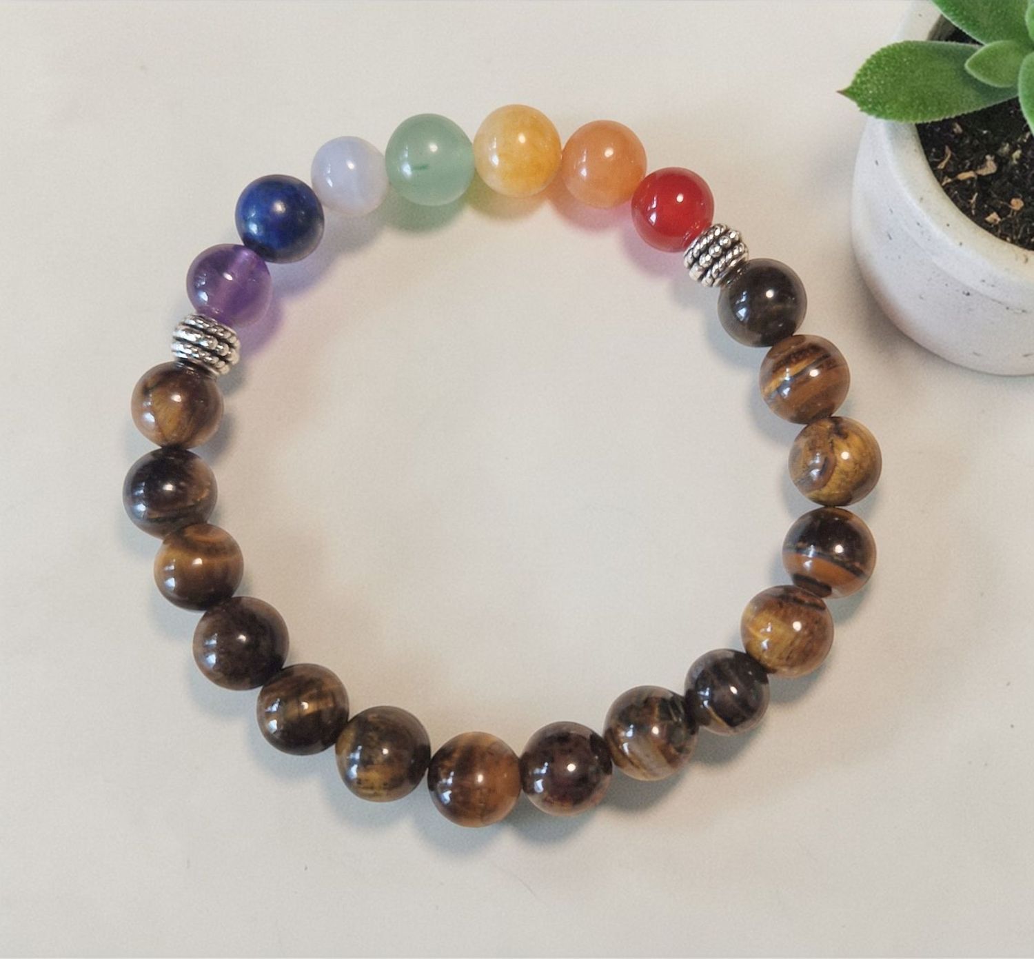 Chakra ​Armband -Tigerauge - A Qualität - silberfarbener Metallelemente - 8 mm